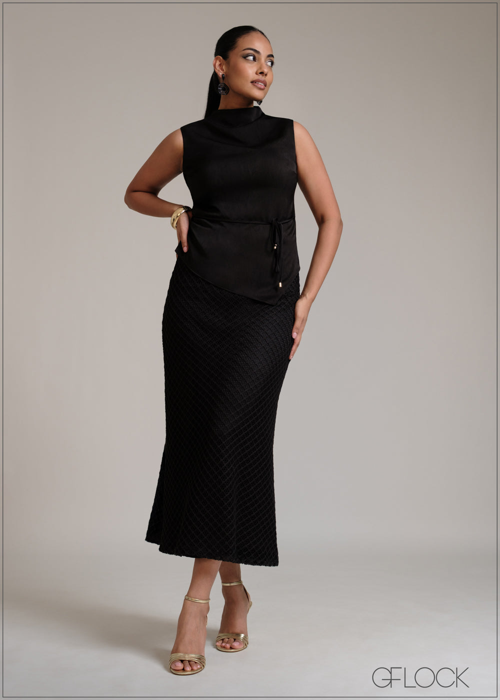 Black and White High waisted Midi Skirt