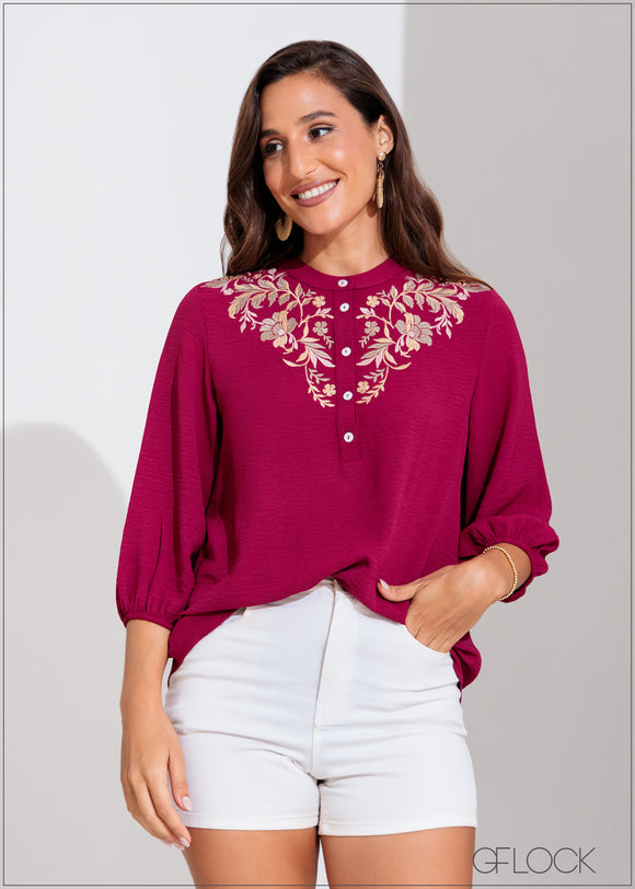 Embroidery Puff Sleeve Top - 070125