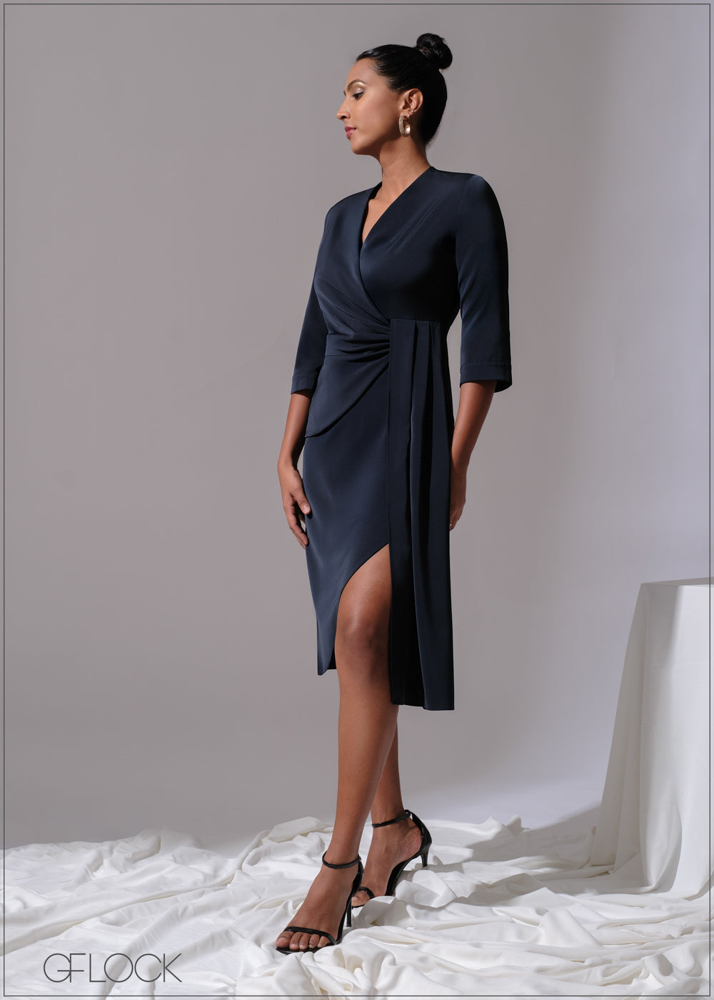 Wrap Front Twist Detail Midi Dress - 300525