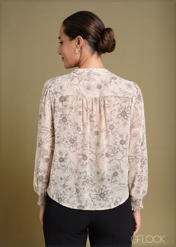 Printed V-Neck Puff Sleeve Blouse - 240424