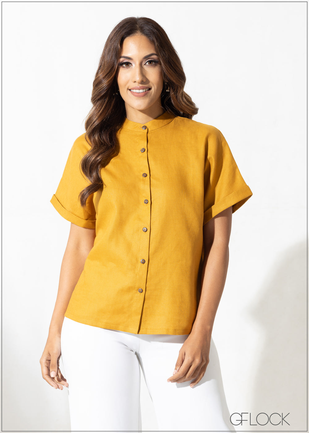 Mandarin Collar Linen Shirt - 300623