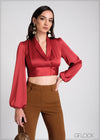 Puff Sleeve V-Neck Wrap Top - 030325