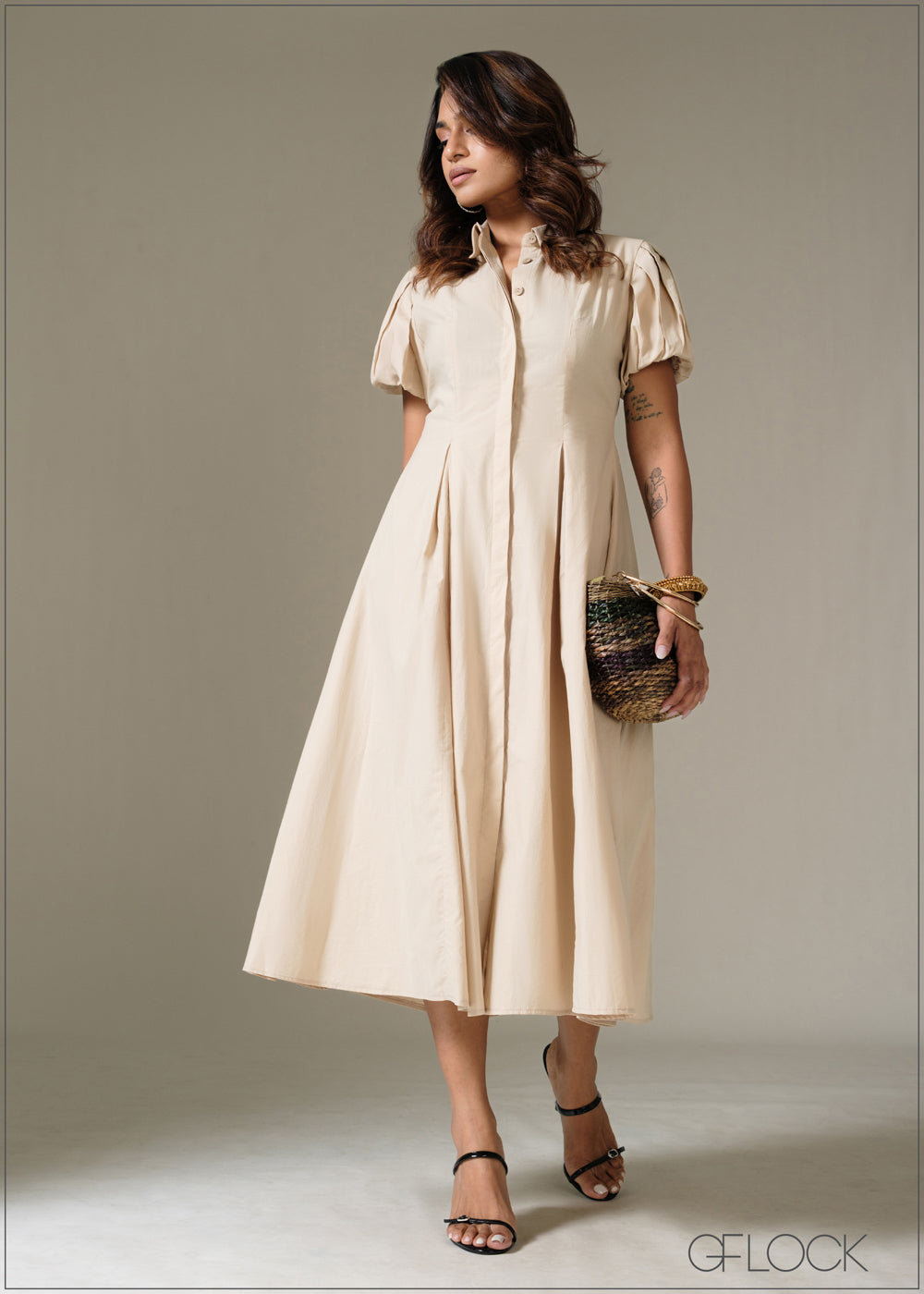 Pleated Puff Sleeve Dress - 281225