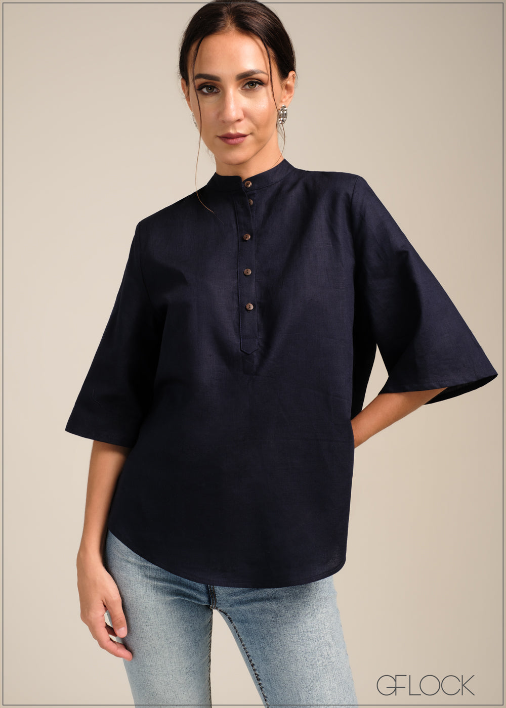 Mandarin Collar Linen Top - 100723