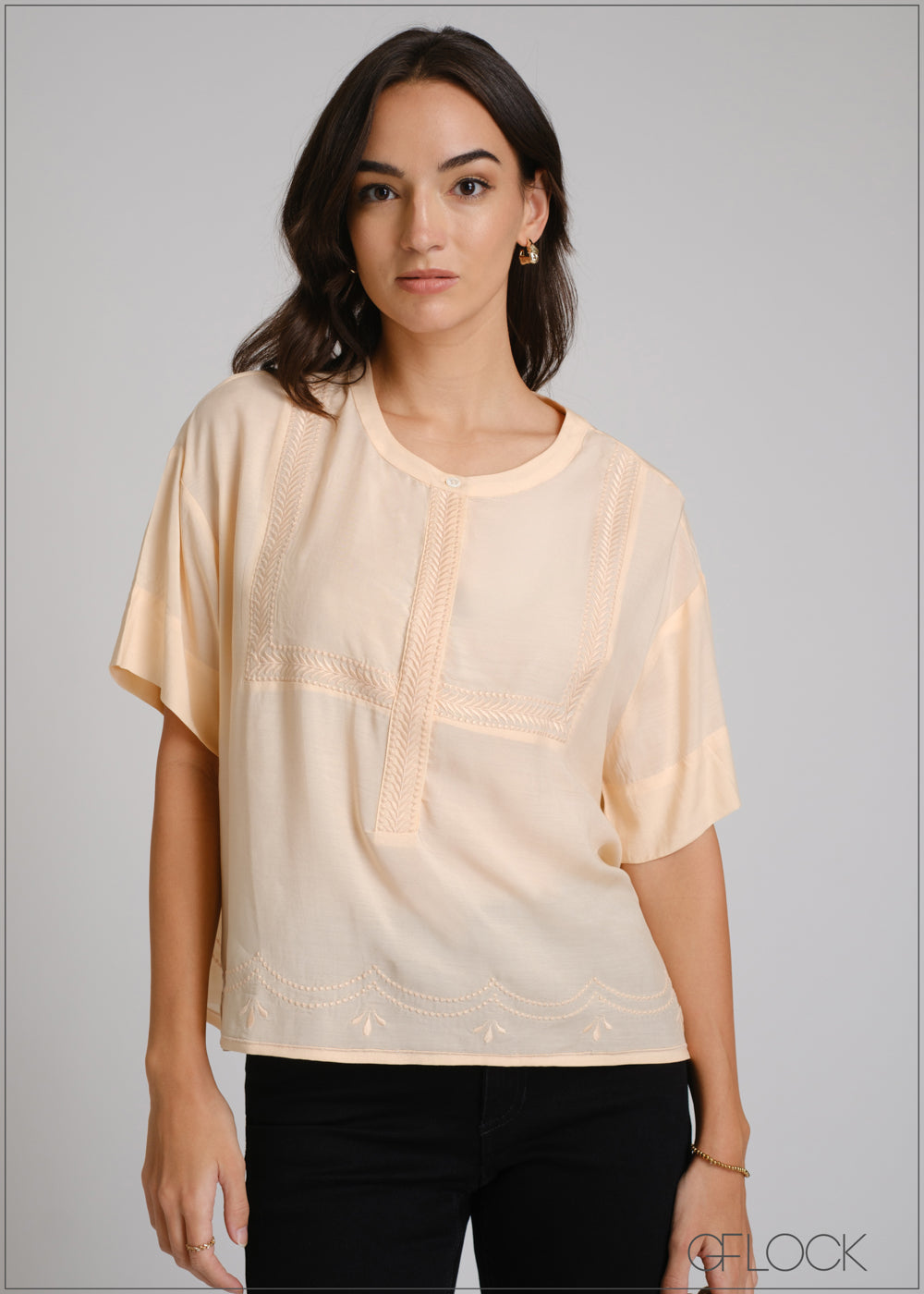 Half Placket Embroidery Top - 250425