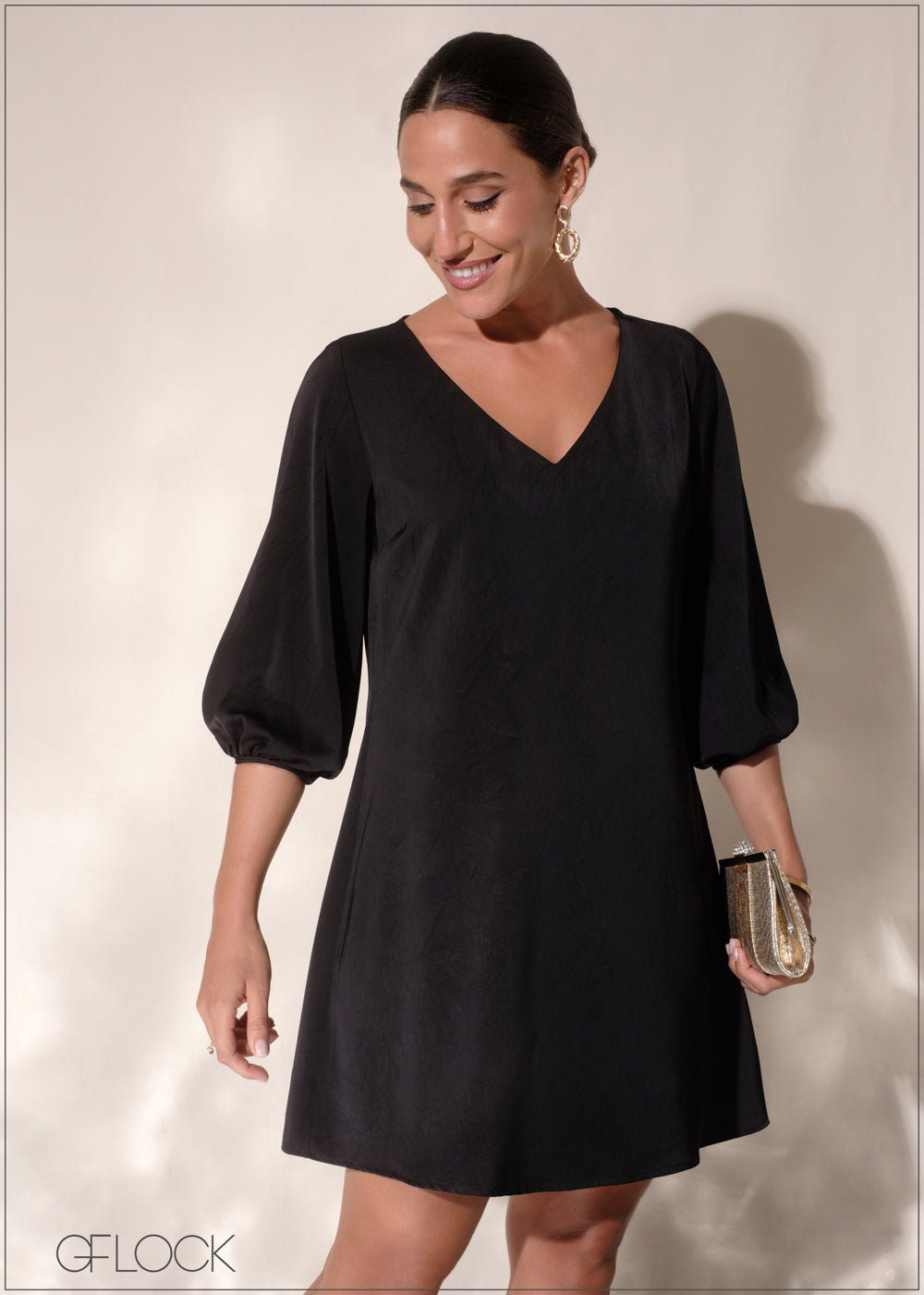 V-Neck Puff Sleeve Shift Dress - 110125