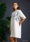 100% Genuine Linen Embroidered Knee Length Dress - 080124