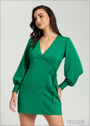 Balloon Sleeve Wrap Mini Dress - 080825