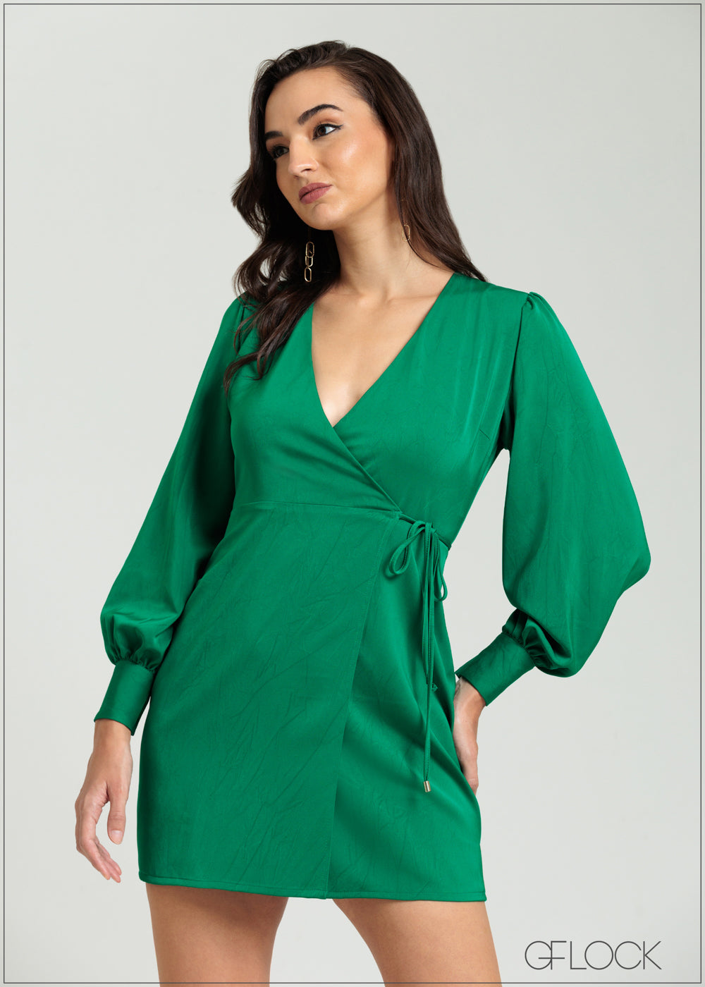 Balloon Sleeve Wrap Mini Dress - 080825