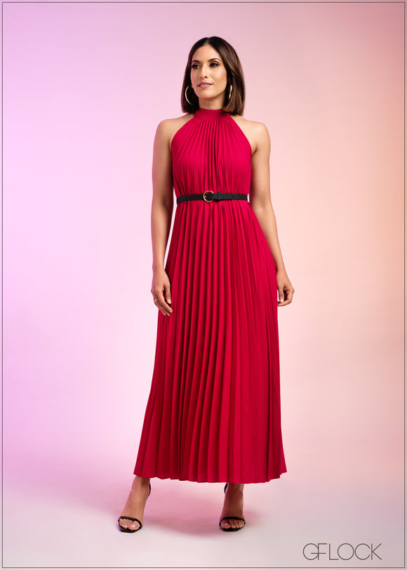 PLEATED FLARE MAXI DRESS