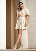 Round Neck Puff Sleeve Dress - 031123