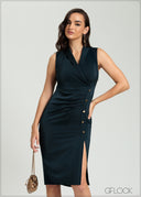 Lapel Collar Sleeveless Midi Dress - 080825