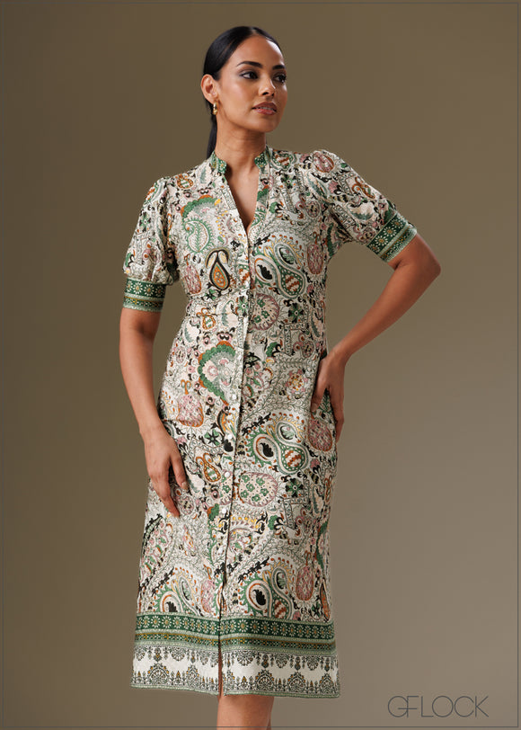 Puff Sleeved Printed Dress - 121225