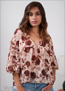 Balloon Sleeve V-Neck Top - 280826