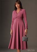 Twisted knot detailed long sleeve collared midi dress
