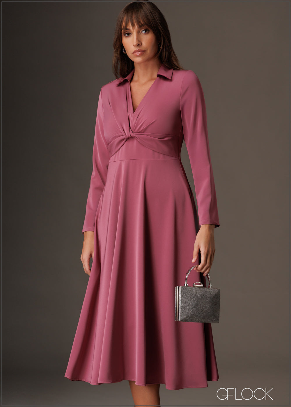 Twisted knot detailed long sleeve collared midi dress