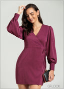 Balloon Sleeve Wrap Mini Dress - 080825