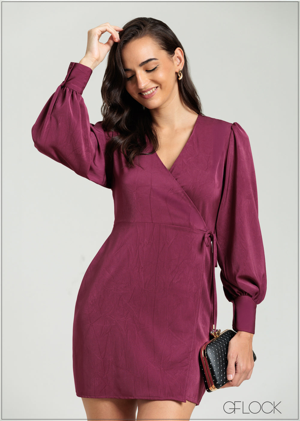 Balloon Sleeve Wrap Mini Dress - 080825