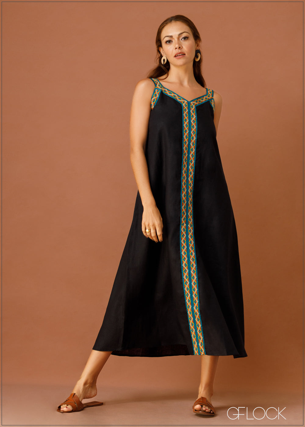 Embroidered Strappy Linen Dress - 170323