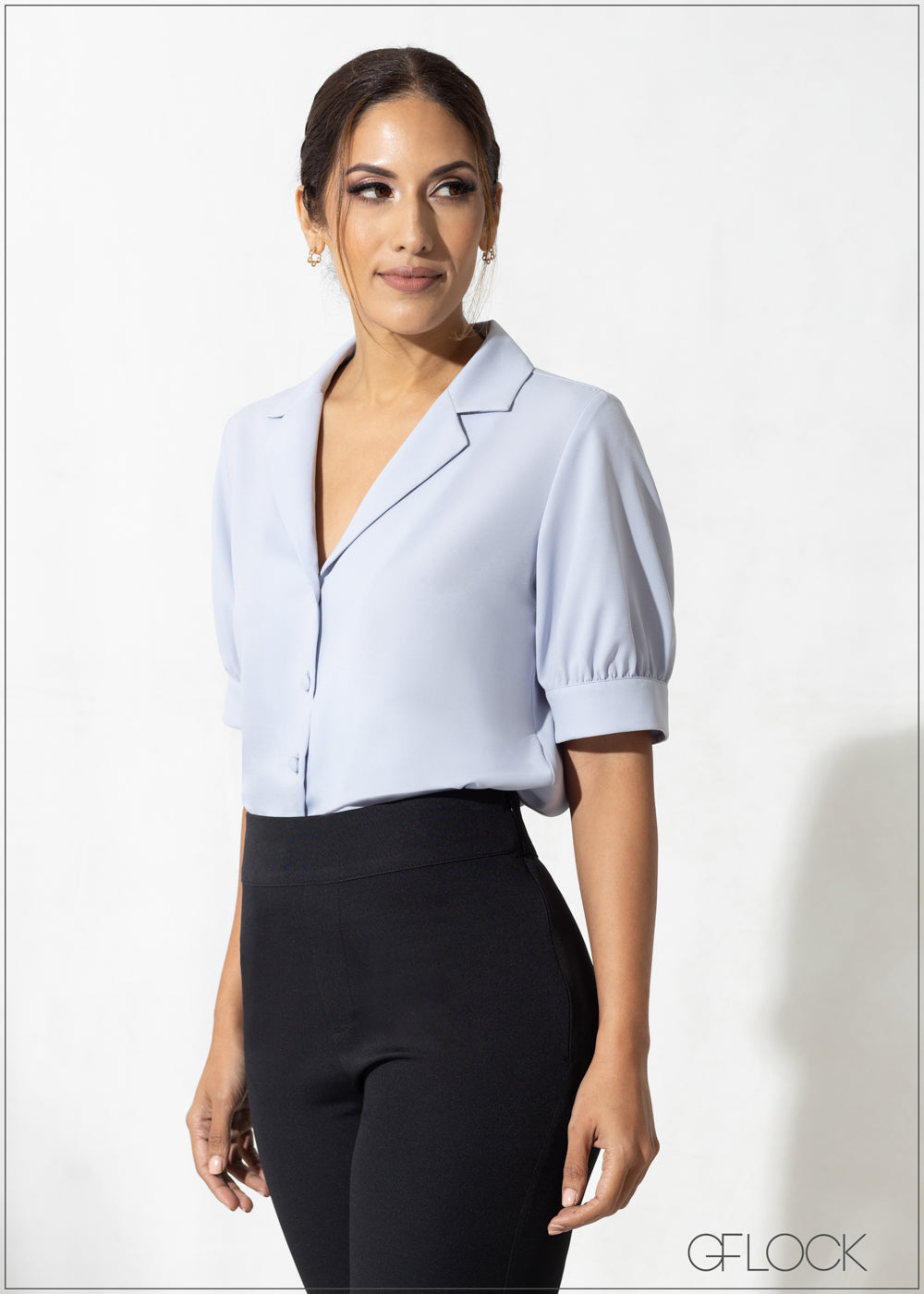 Lapel Collar Puff Sleeve Top - 300623