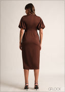 Puff Sleeved Wrapped Midi Dress - 190126