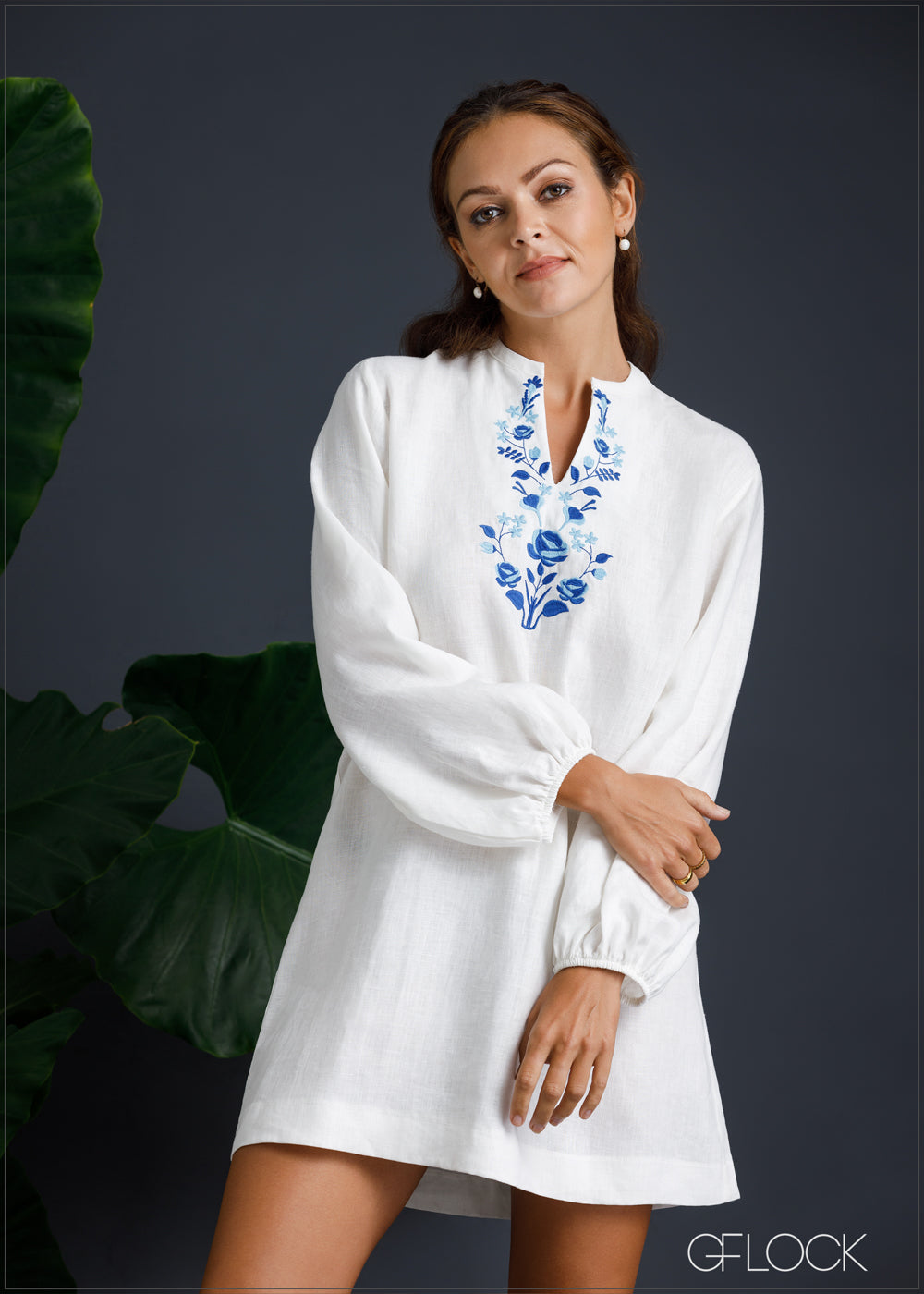 100% Genuine Linen Embroidered Long Sleeved Shift Dress - 080124