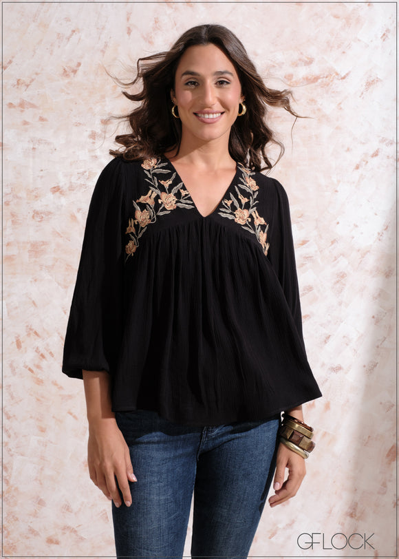 V-Neck Embroidery Top - 041024