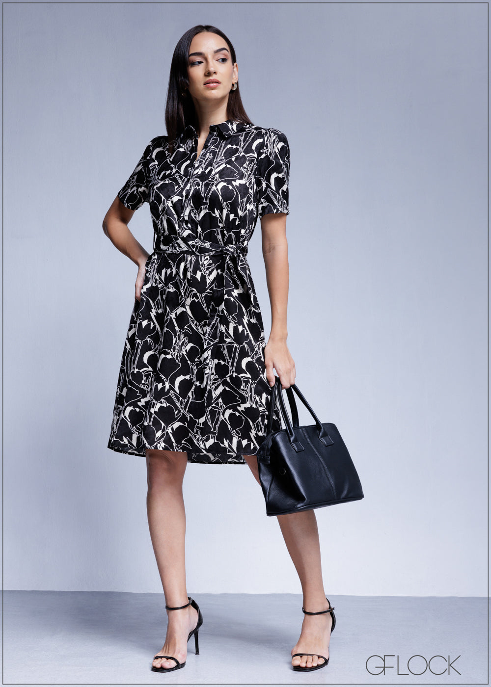 Printed Short Sleeve Midi Dress - 100425