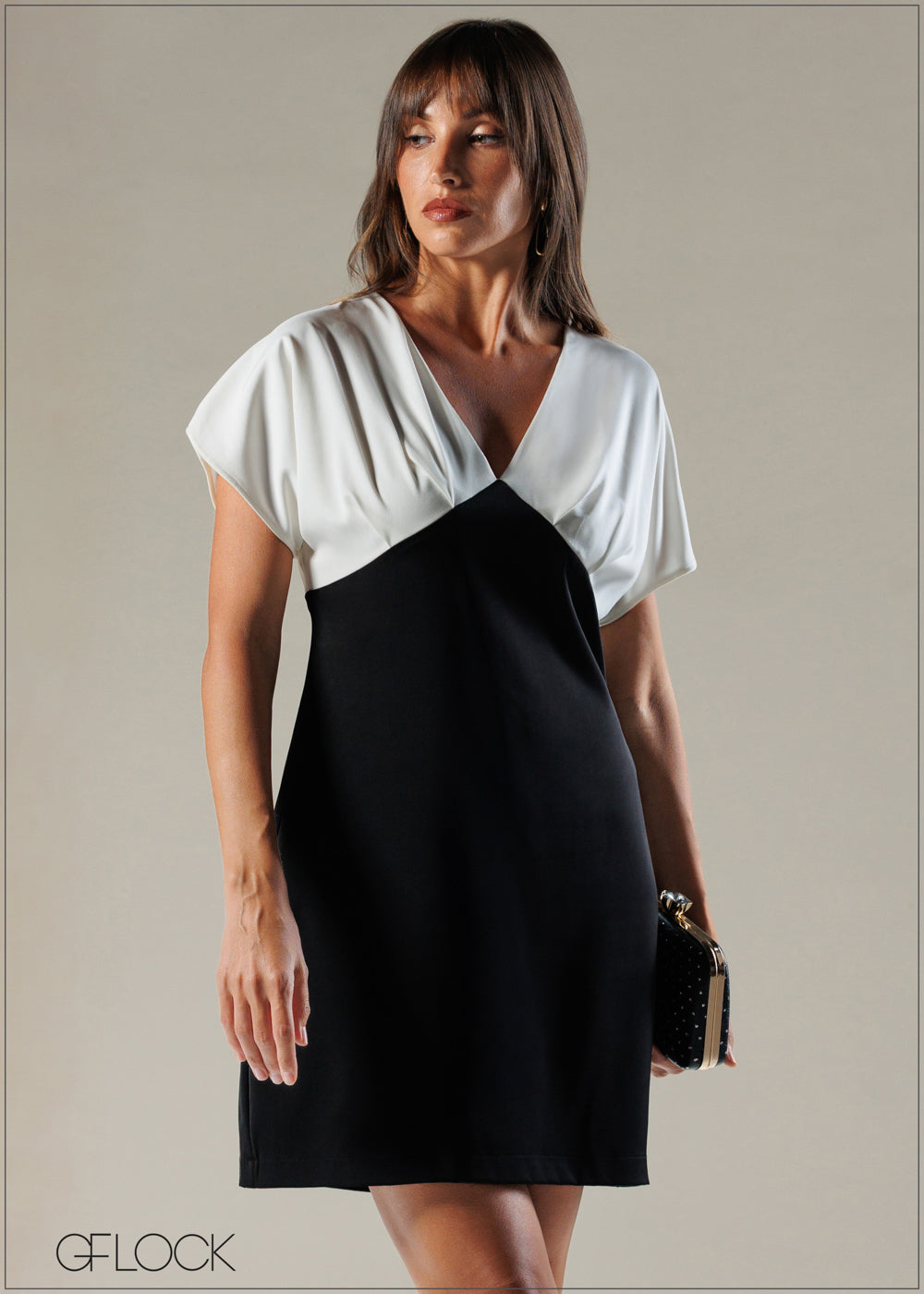 V-Neck Pleat Detail Mini Dress - 121225