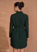 Long Sleeved Collared Tie-Up Dress - 260724