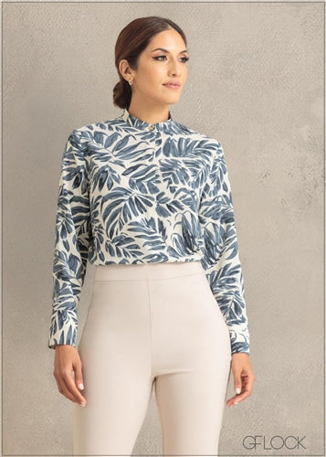 Long Sleeve Printed Shirt With High Neck Collar - 241123