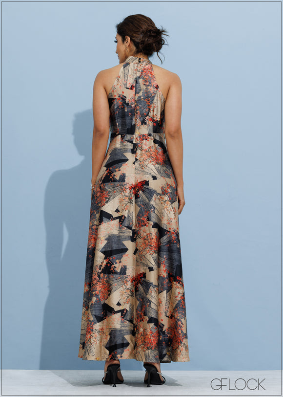 High Neck Flared Printed Maxi Dress - 201123