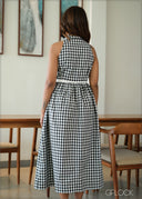 Gingham Midi Dress With Belt  - 280826