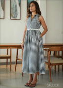 Gingham Midi Dress With Belt  - 280826