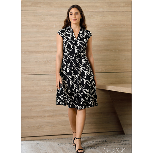 Printed Midi Dress With Tie-Up - 090824-Black Print