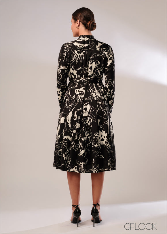 Printed Long Sleeve Dress With Pleat Detail - 120124