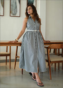 Gingham Midi Dress With Belt  - 280826