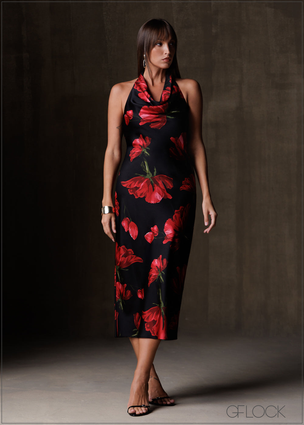 Printed Cowl Neck Midi Dress - 191225