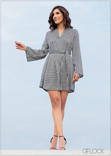 Chinese Collared Long Sleeved Mini Dress - 201123