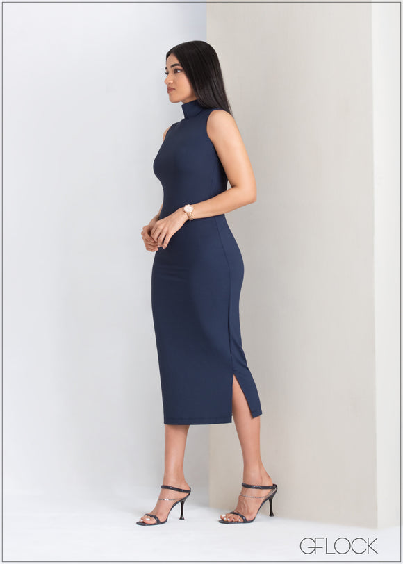 High Neck Midi Ribbed Dress - 311022