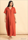V-Neck Button Down Linen Dress - 2105