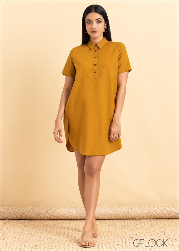 Collared Linen Shift Dress - 2105