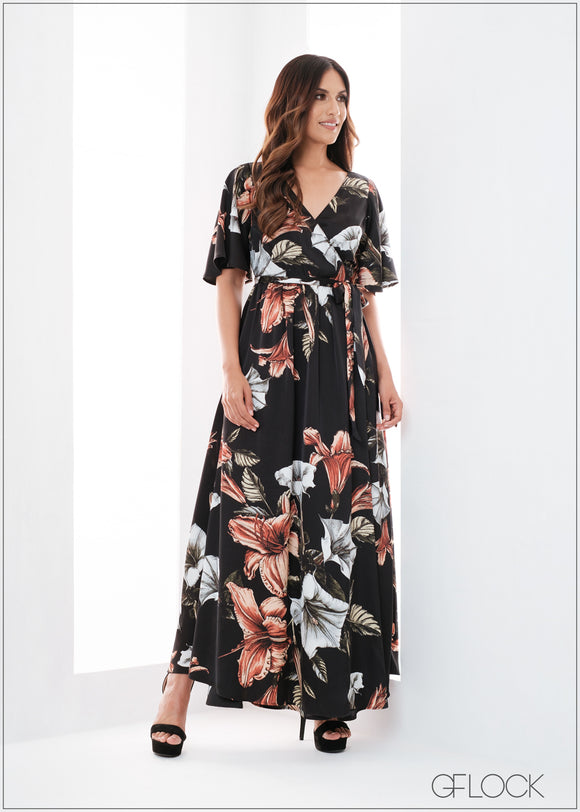 Wrap Tie Up Flared Maxi Dress - 110423