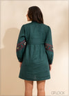 Ruffle Neck Embroidered Linen Dress - 130223