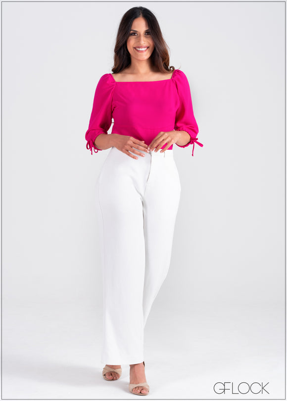Square Neck Top With Sleeve Tie - 386