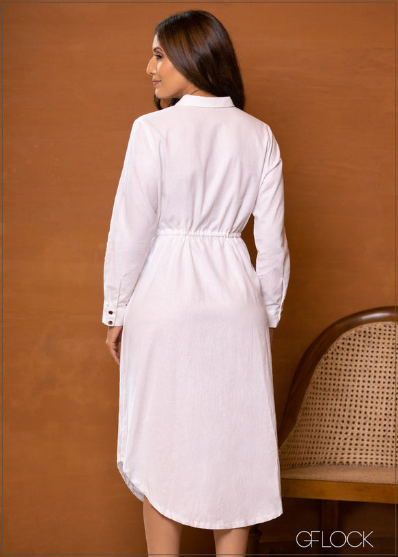 Drawstring Waist Linen Shirt Dress - 0207