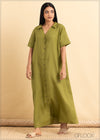 V-Neck Button Down Linen Dress - 2105