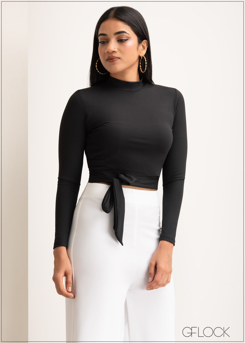 Long Sleeve Crop Top With Waist Tie - 1307