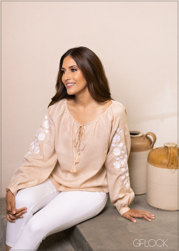 Embroidered Sleeve Linen Top - 0207