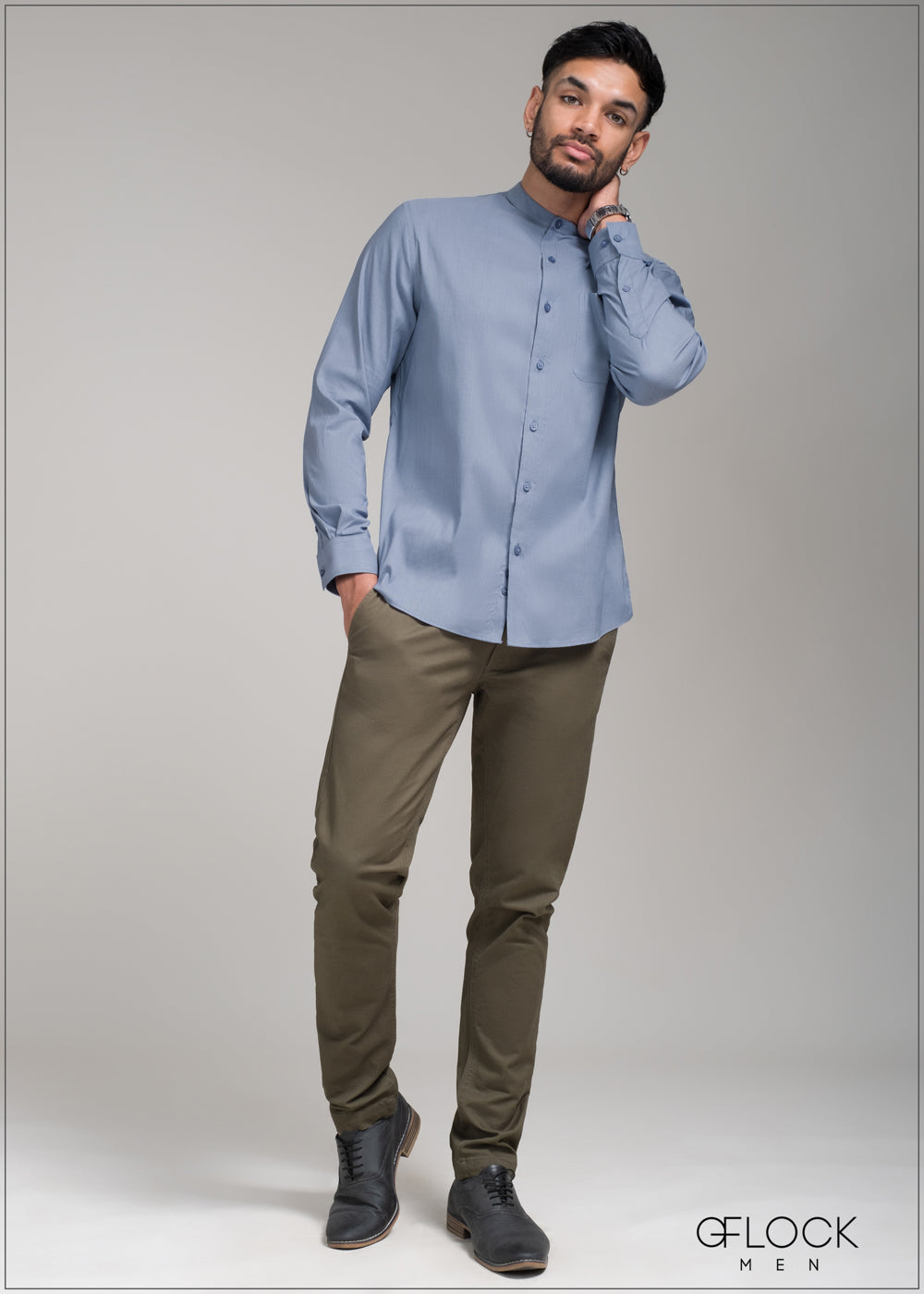 Printed Chinese Collar Long Sleeve Shirt - 090423 - 08